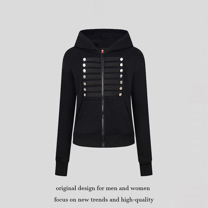 Women's hooded sweatshirt jacket with decorative military braid trim and decorative buttons Mune Fashion
