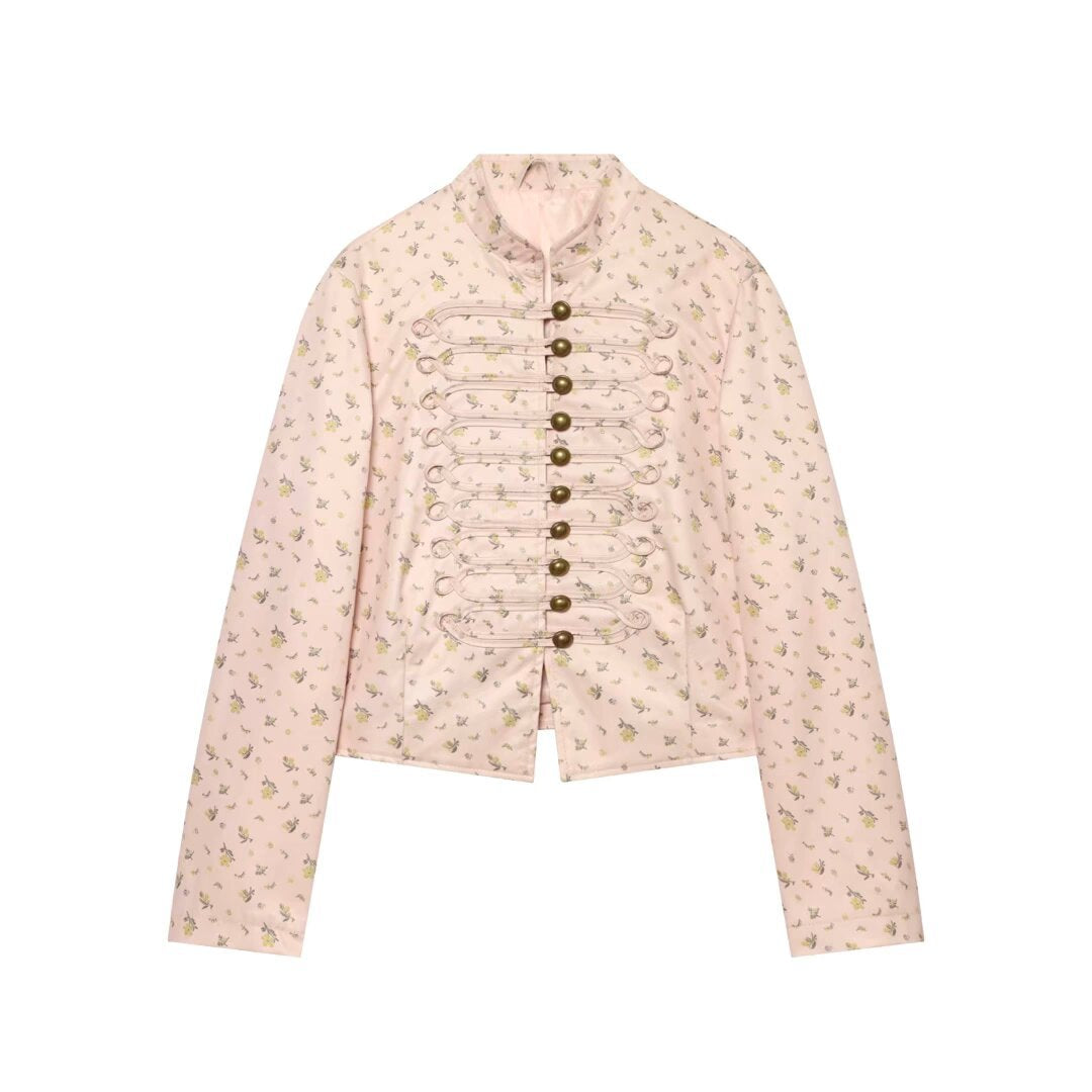 Women's short-cut satin military jacket with decorative frog closures and floral print Drune