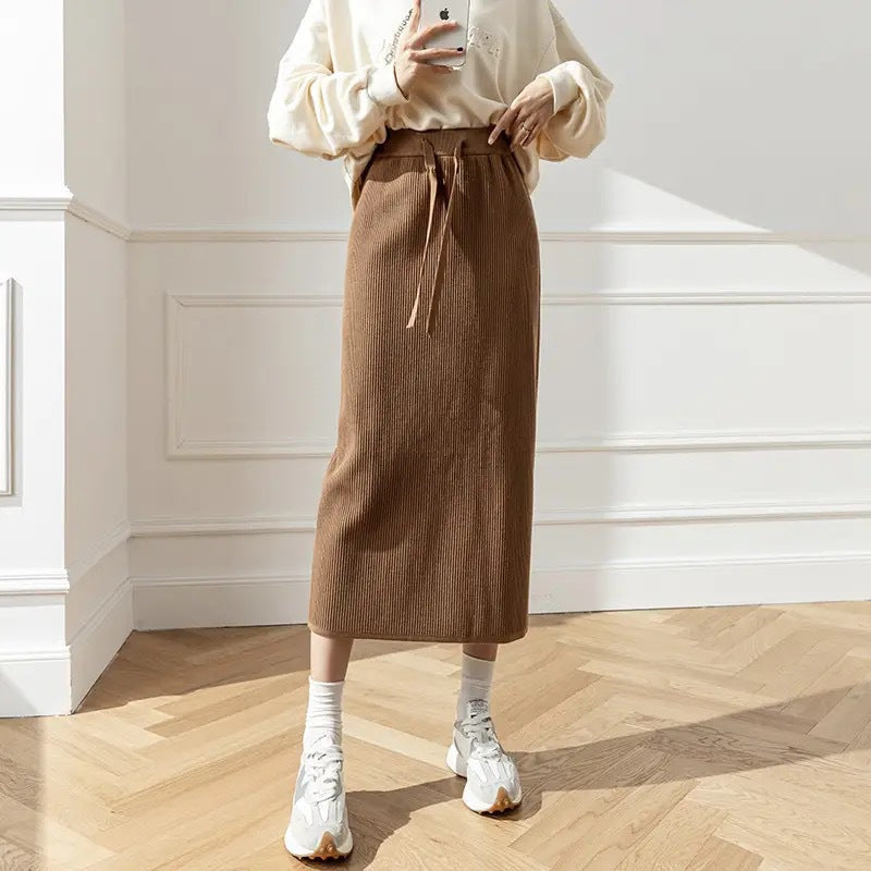 Ladies Elegant Ribbed Midi Skirt with Ties Mune Fashion