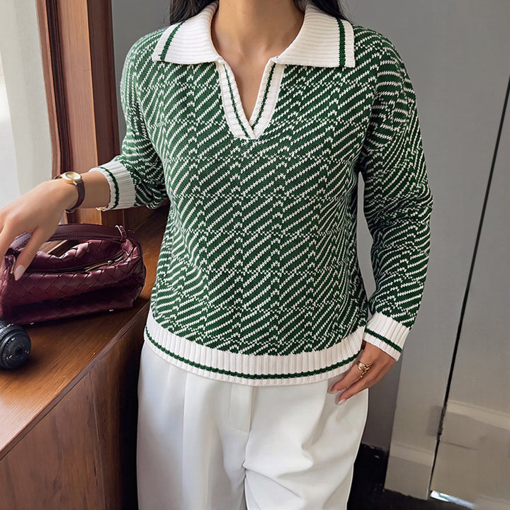 Women's polo collar knitted sweater with V-neck and textured pattern Mune Fashion