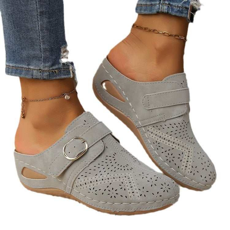 Women Breathable Faux Leather Mules with Ergonomic Comfort Footbed and Decorative Cut Mune Fashion