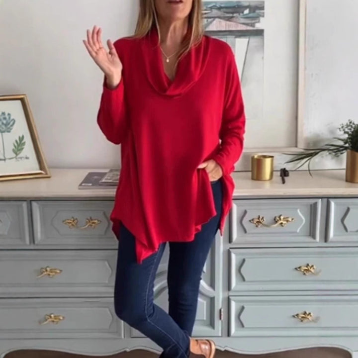 Women's fall shoulder drape tunic top with asymmetric zip hem and side pockets Mune Fashion