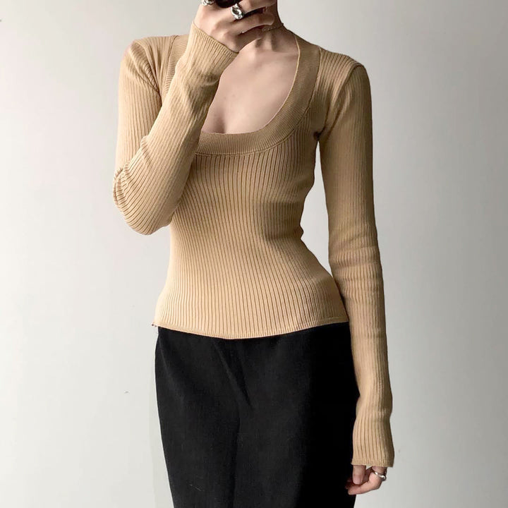 Women Fitted Ribbed Long Sleeve Shirt with Deep U-Neck Mune Fashion