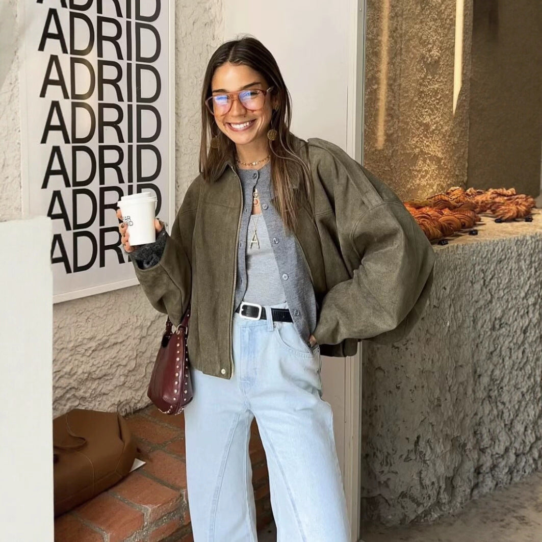Women's Short Boxy Jacket in Oversized Suede Look with Balloon Hem Mune Fashion