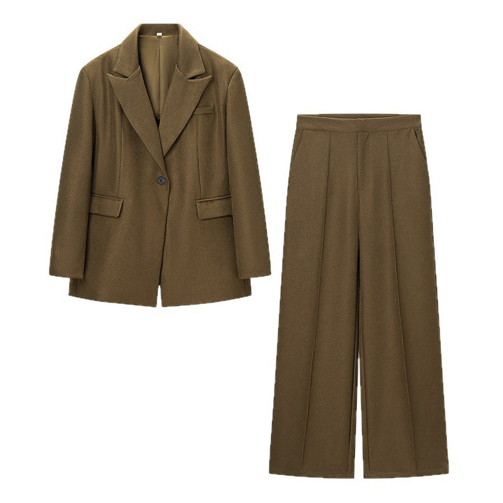 Women's Two-Piece Wool Mix Blazer and Palazzo Pants Set with Single Button Jacket and Crease Mune Fashion