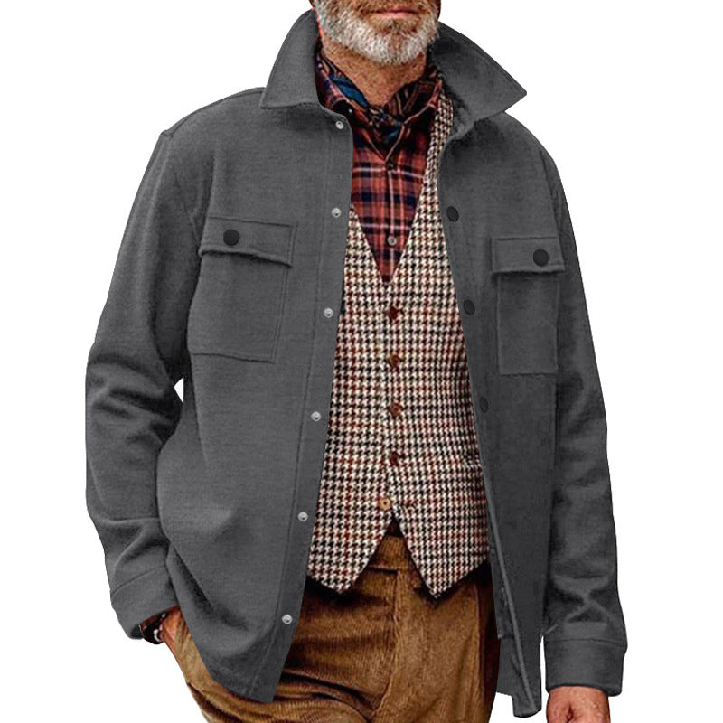 Men's Fleece Shirt Jacket with Two Chest Pockets and Stylish Stand-Up Collar Mune