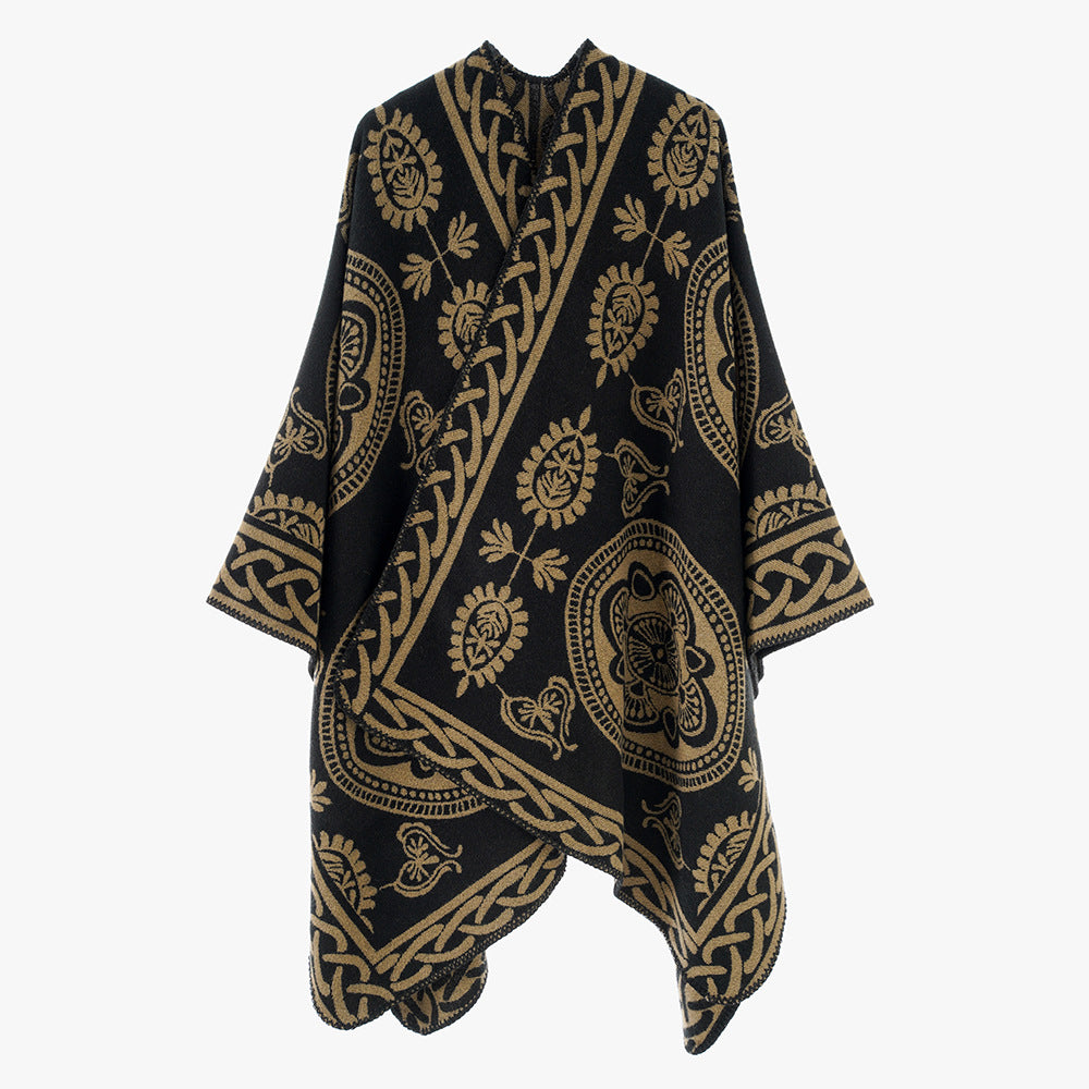 Women's Oversized Cape with Ornamental Jacquard and Asymmetrical Pointed Hem Mune Fashion