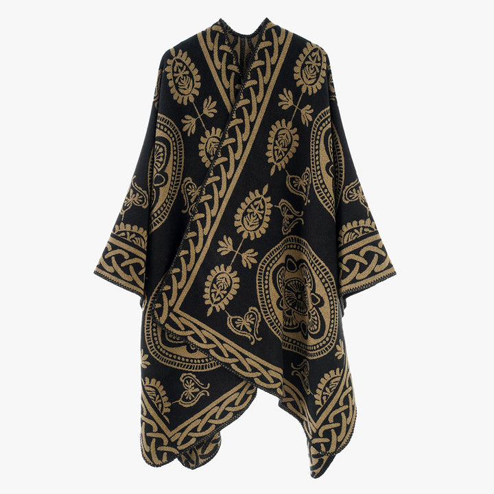 Women's Oversized Cape with Ornamental Jacquard and Asymmetrical Pointed Hem Mune Fashion