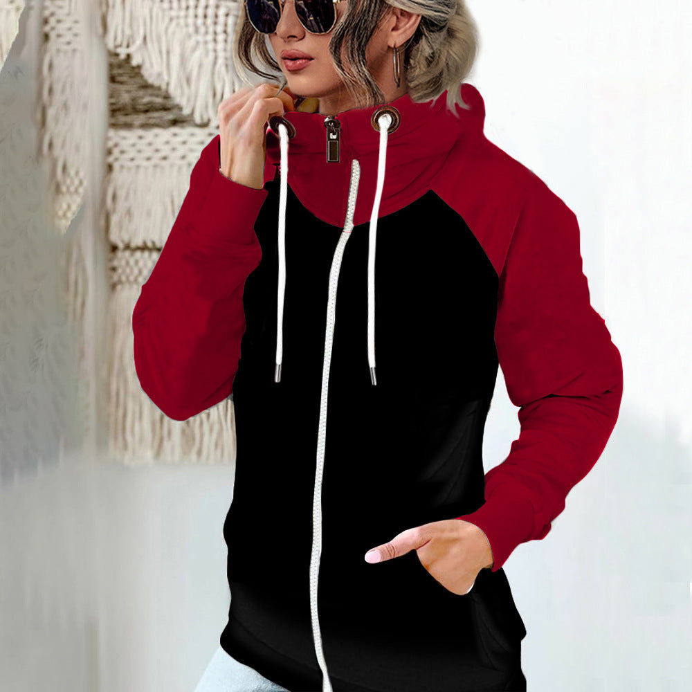 Women's hooded jacket with high stand-up collar, full-length zipper, and raglan sleeves Mune Fashion