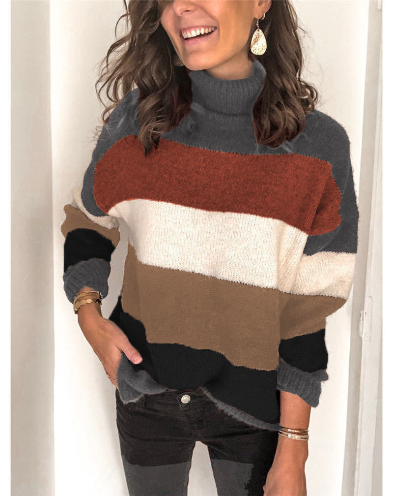 Women Oversize Turtleneck Sweater with Wide Block Stripes and Soft Knit Mune Fashion