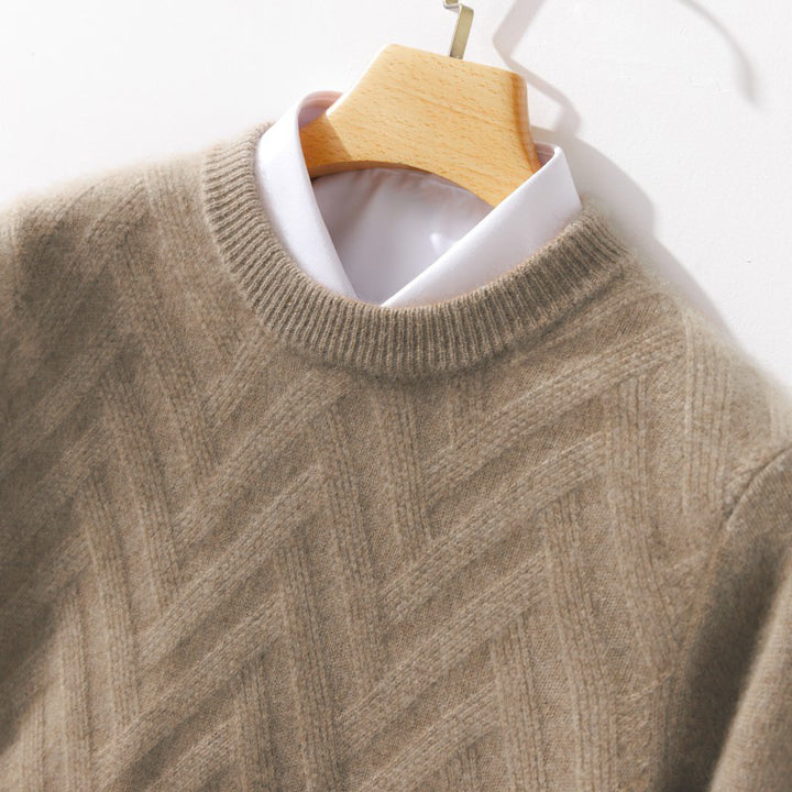 Men's Fine Crew Neck Sweater made of Cashmere Blend with Chevron Structure Mune Fashion