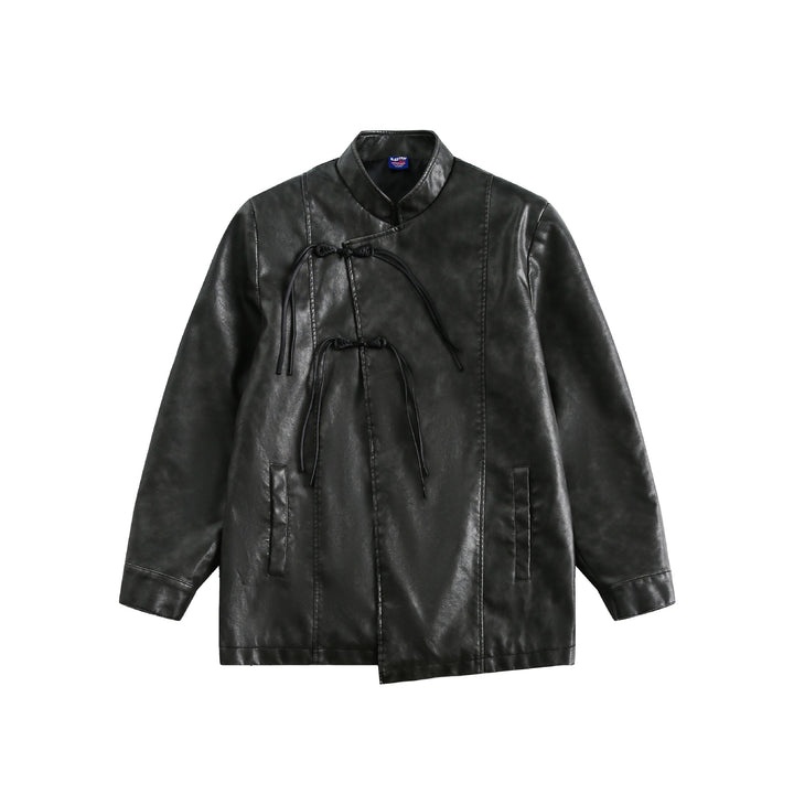 Men's Short Leather Look Coat in Vintage Style with Chinese Knot Closures Mune Fashion