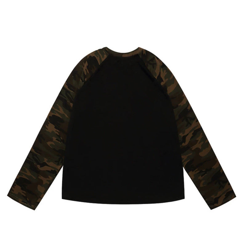 Women's Long Sleeve Shirt with Camouflage Raglan Sleeves and Rhinestone Logo Print Mune Fashion