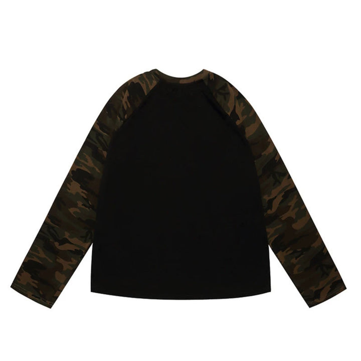 Women's Long Sleeve Shirt with Camouflage Raglan Sleeves and Rhinestone Logo Print Mune Fashion