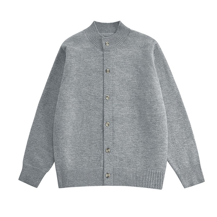 Men's chunky knit cardigan with stand-up collar, full button placket & ribbed hem Mune Fashion