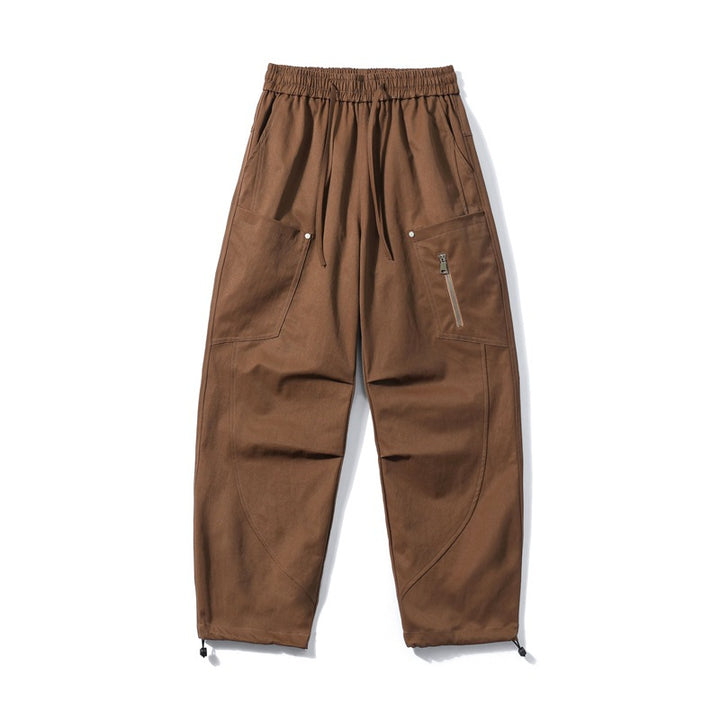 Men's utility cargo pants with elastic waistband, zip pocket, and adjustable hem.