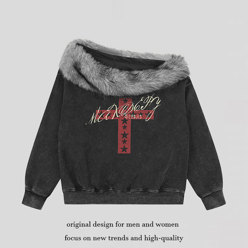 Women's Oversized Sweatshirt with Fur Collar, Vintage Wash and Cross Print Mune Fashion