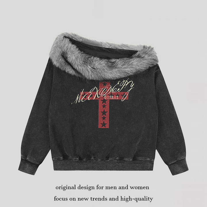 Women's Oversized Sweatshirt with Fur Collar, Vintage Wash and Cross Print Mune Fashion