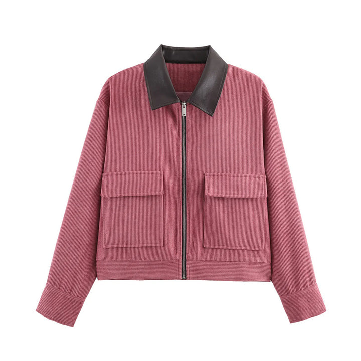 Women's cord jacket with leather collar, full-length zipper and flap pockets Mune Fashion