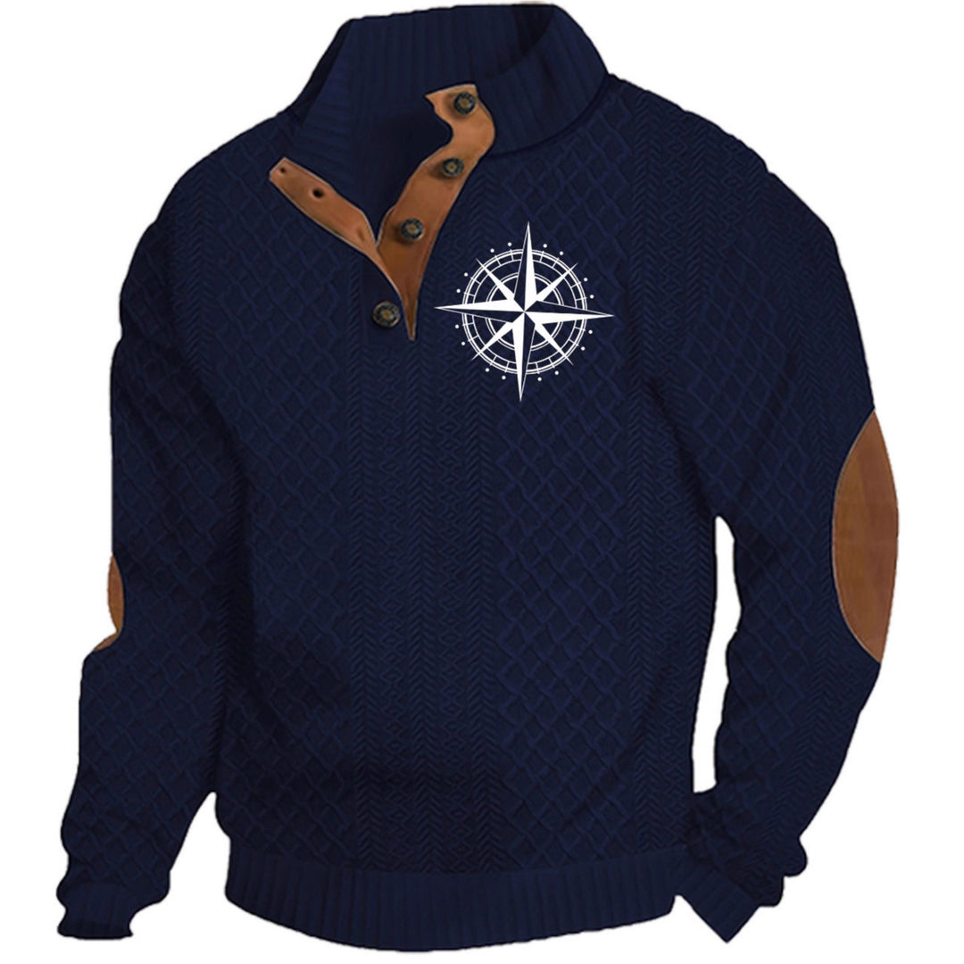 Men's nan Heritage textured pullover with stand-up collar faux leather trim elbow patches and half-button placket Mune Fashion