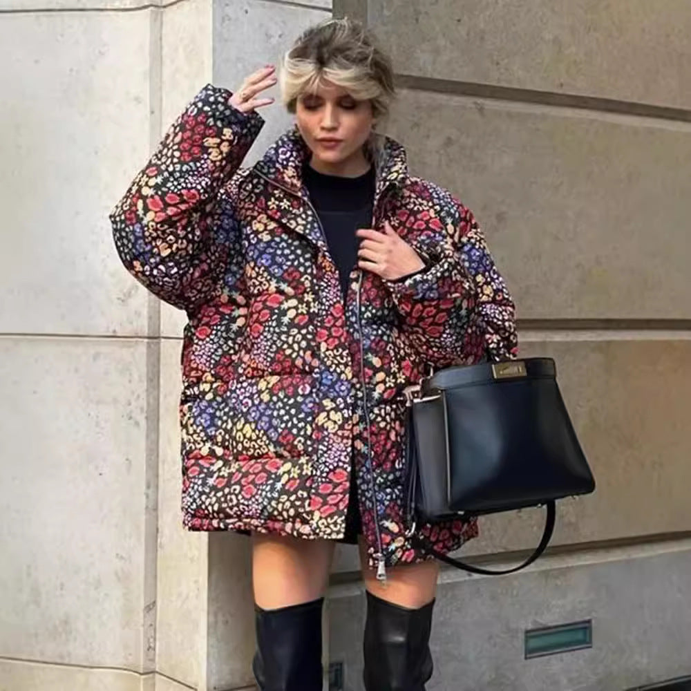 Women's patterned boxy short jacket with stand-up collar, concealed button placket, and 3/4 sleeves Mune Fashion