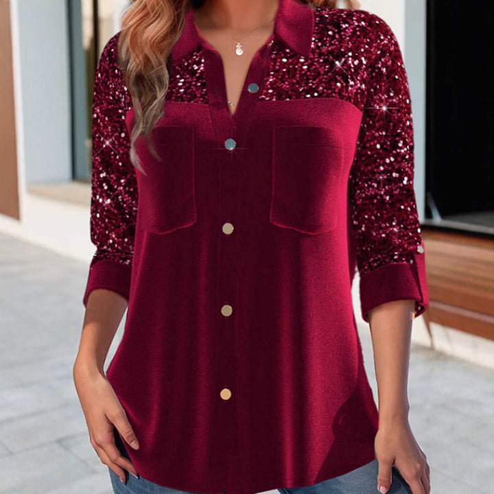 Women Sequin-Embellished Tunic Blouse with Shirt Collar, Breast Pockets and Casual Fit Mune Fashion