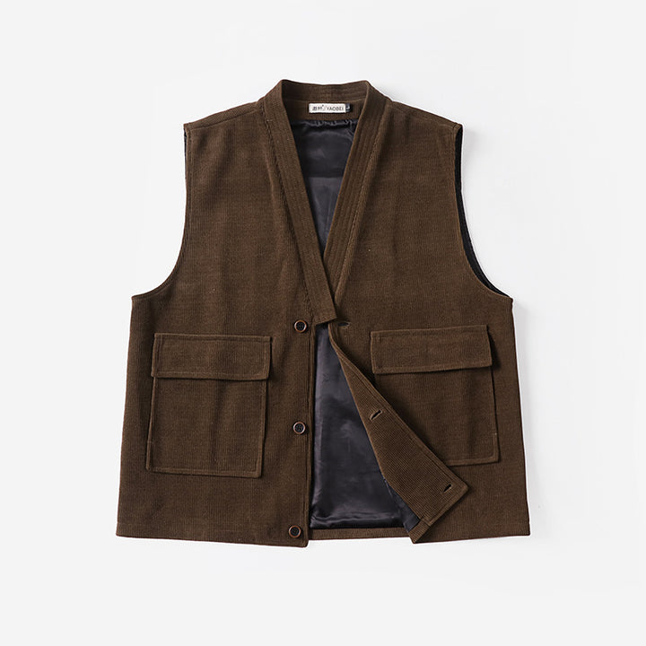 Men's cord waistcoat with V-neck, appliquéd flap pockets, and satin lining Mune Fashion