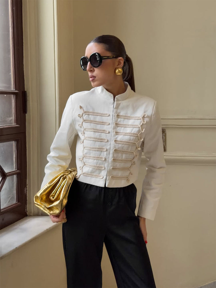 Women Cropped Military Blazer with Stand Collar and Decorative Cord Decoration Mune Fashion
