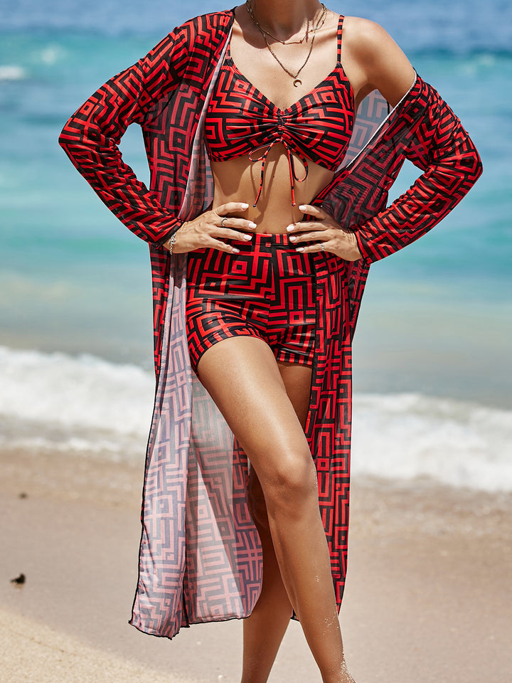 Women's bathing outfit with geometric design and transparent kimono Mune Fashion