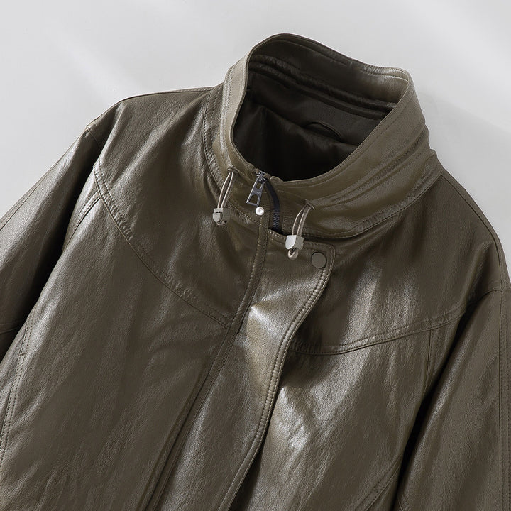 Women Oversized Faux Leather Bomber Jacket with Stand-up Collar and Elastic Hem Mune Fashion