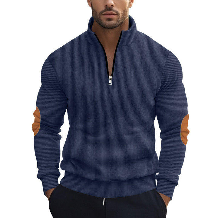 Men's structured cotton knit pullover with half zipper and elbow patches Mune Fashion
