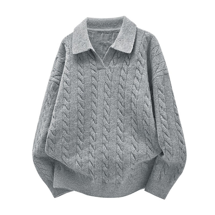 Women's Oversized Cable Knit Polo Sweater with V-Neck and Ribbed Hem Mune Fashion