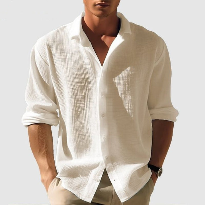 Men's Casual Textured Linen Shirt with Open Collar and Rolled Sleeves Mune Fashion