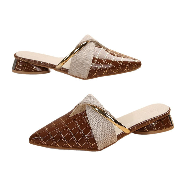 Women’s pointed loafer sandals with crocodile embossing, crossed linen strap and gold decorative strip Mune Fashion