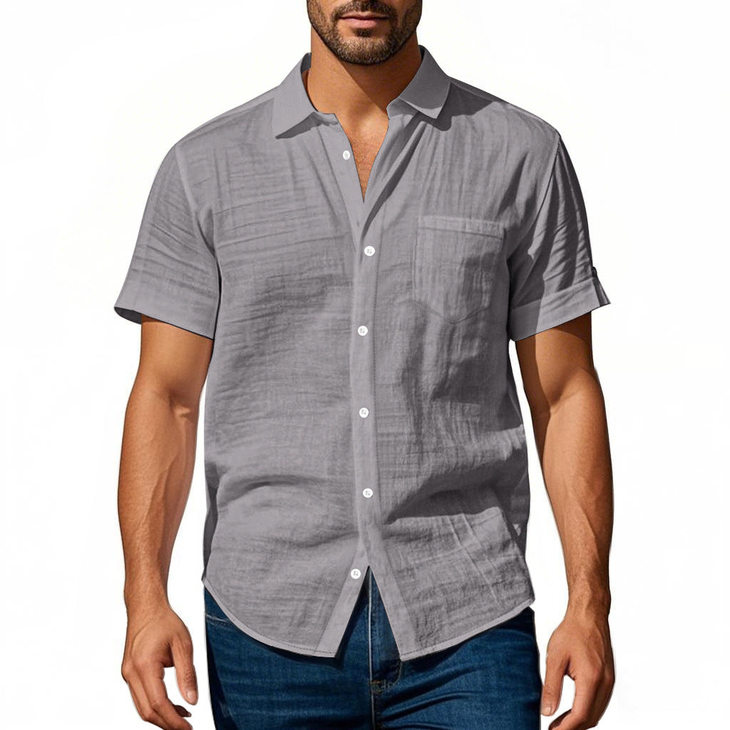 Men's short-sleeved casual shirt made of linen blend with chest pocket and rounded hem Mune Fashion
