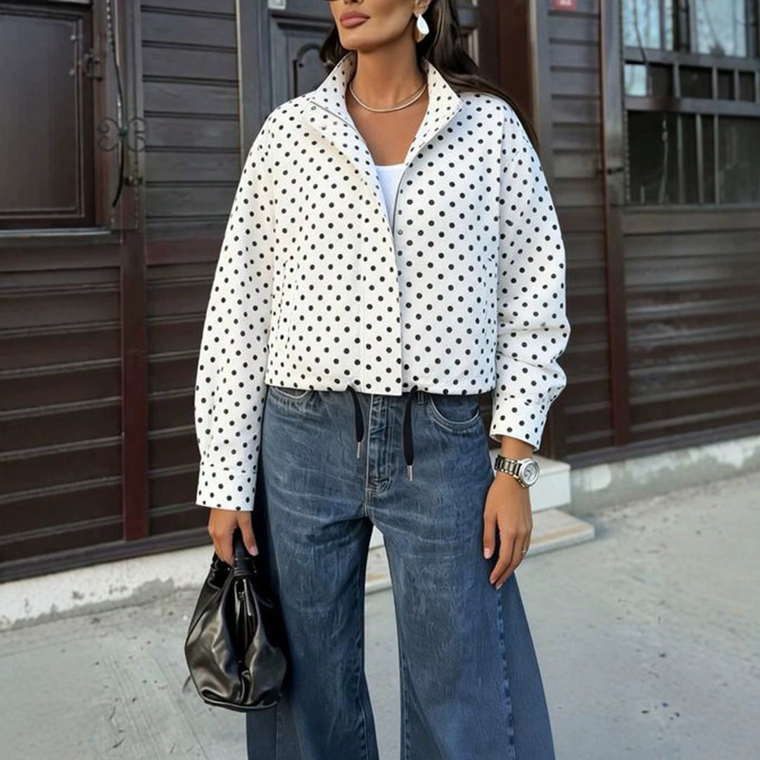 Women Polka-Dot Stand Collar Blouse with Oversized Balloon Sleeves Mune Fashion