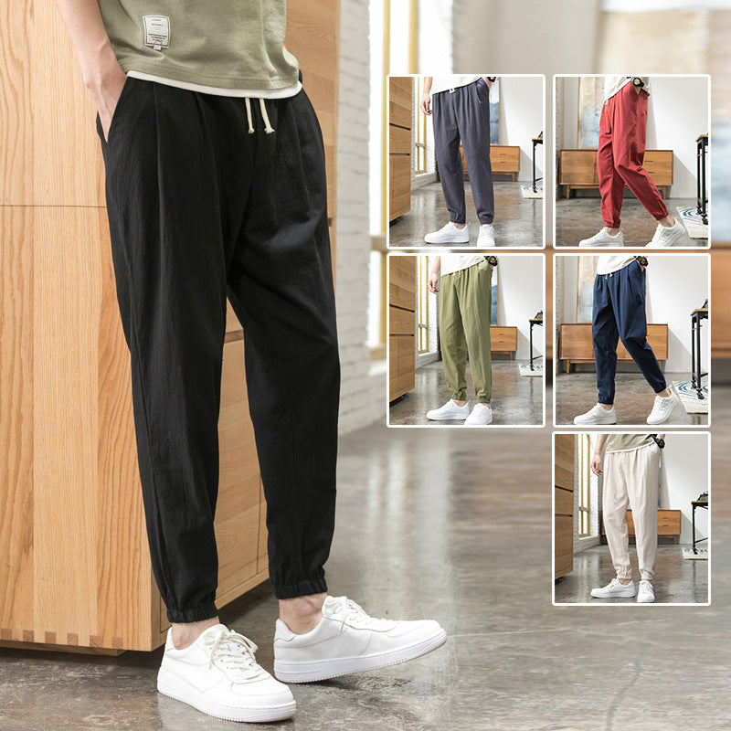 Men's Relaxed-Fit Linen Blend Jogging Pants with Pleats, Drawstring, and Elastic Cuffs Mune Fashion