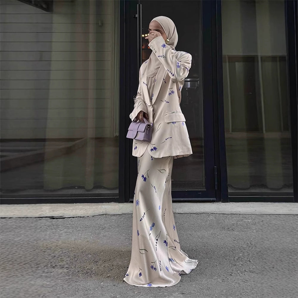 Women's Two-Piece Satin Suit with Floral Maxi Skirt and Oversized Blazer Mune Fashion