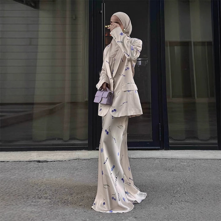 Women's Two-Piece Satin Suit with Floral Maxi Skirt and Oversized Blazer Mune Fashion