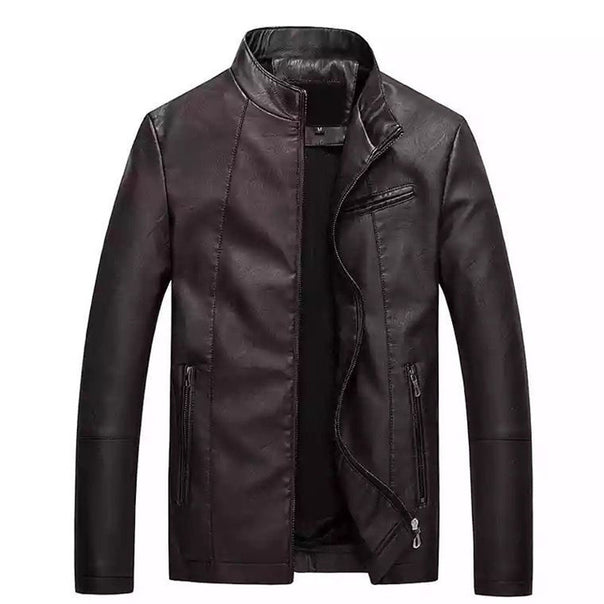 Men's Slim-Fit Faux Leather Jacket with Stand Collar and Concealed Zip Mune Fashion
