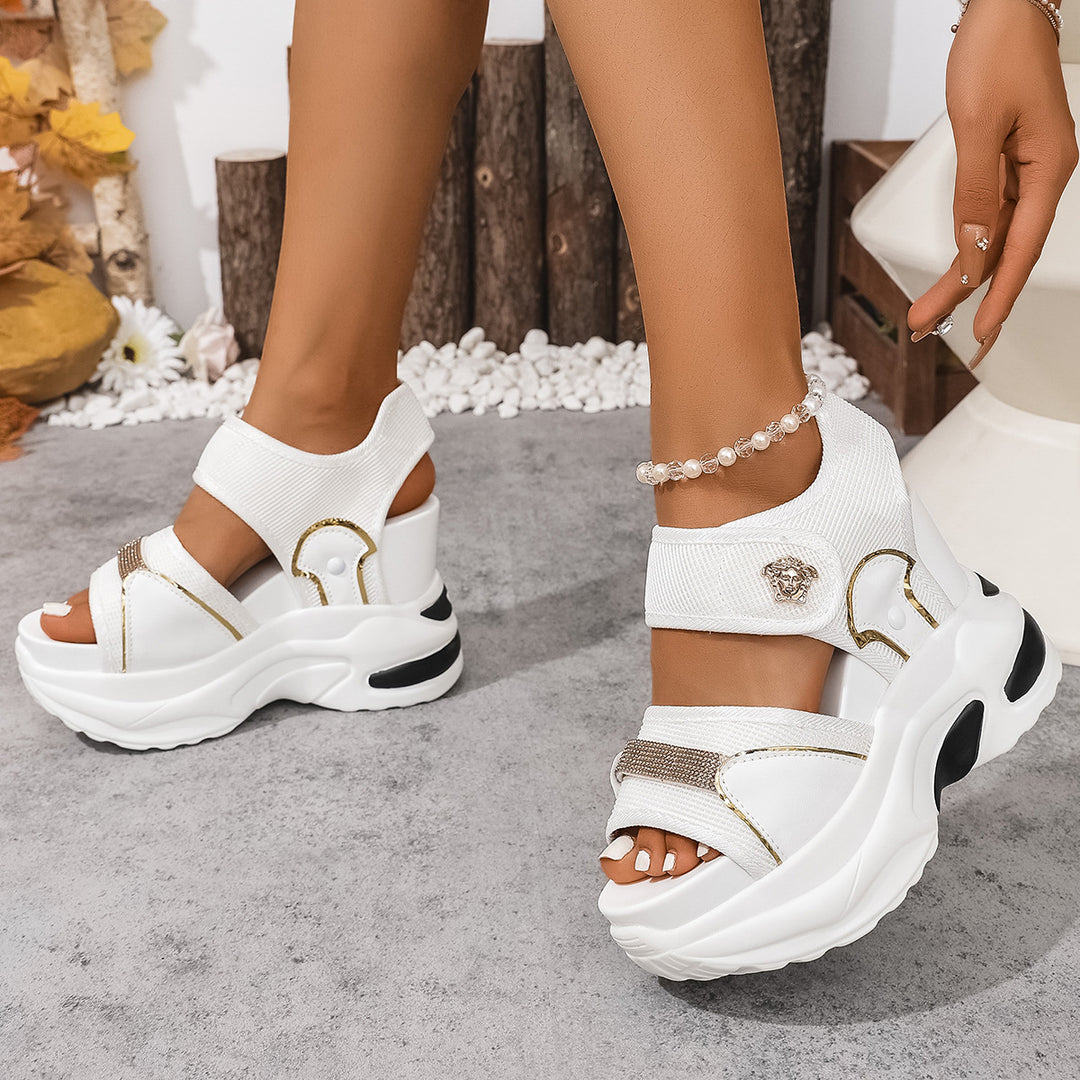 Ladies' chunky platform sandals with ergonomic wave sole, Velcro fastener, and gold decorative applications Mune Fashion