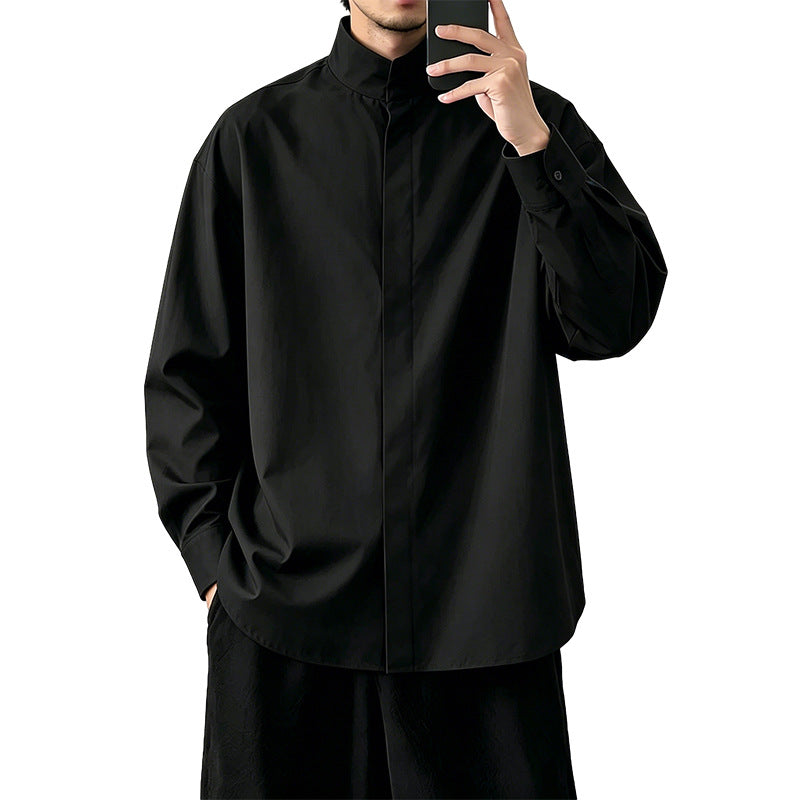 Women's Oversized Shirt with Stand Collar and Concealed Button Placket Mune Fashion