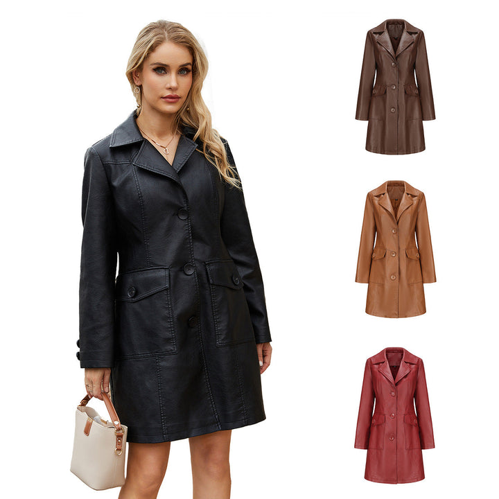 Women's Fashionable Faux Leather Blazer with Practical Pockets Mune