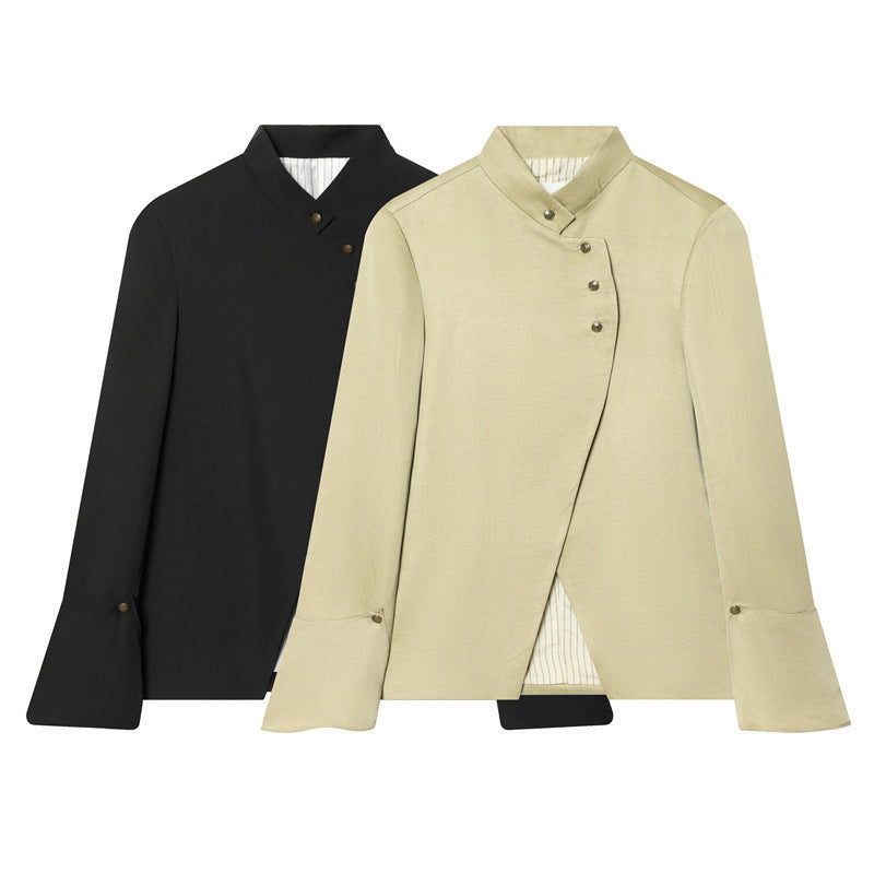 Women's Asymmetric Blouse Jacket with Stand-Up Collar and Flared Cuffs Mune Fashion