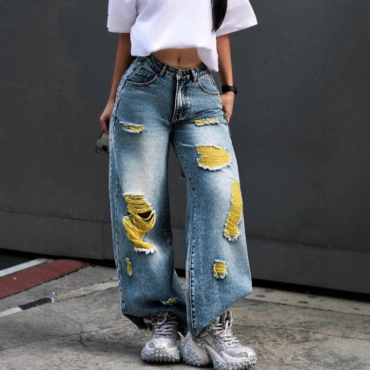 Women wide High-Waist jeans pants with destroyed details and contrasting lining Mune Fashion