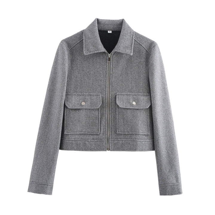 Women's short boxy wool jacket with full zip and patch pockets Mune Fashion