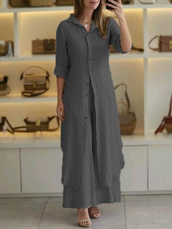 Women's long linen shirt dress with continuous button placket, shirt collar, and subtle A-line cut Mune Fashion