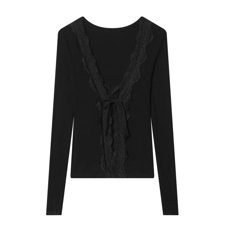 Women Fine Rib Structure Long Sleeve with Deep V-neck, Wide Lace Trim and Decorative Ribbon Mune Fashion