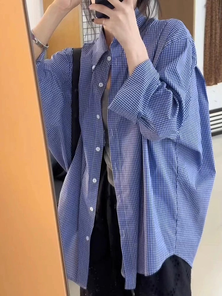 Women's Oversize Shirt with Vichy Check, Loose Fit and Continuous Button Placket Mune Fashion