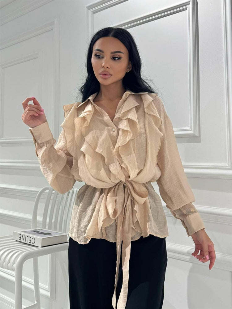 Women's Ruffled Chiffon Blouse with Ties and Ruffles Around